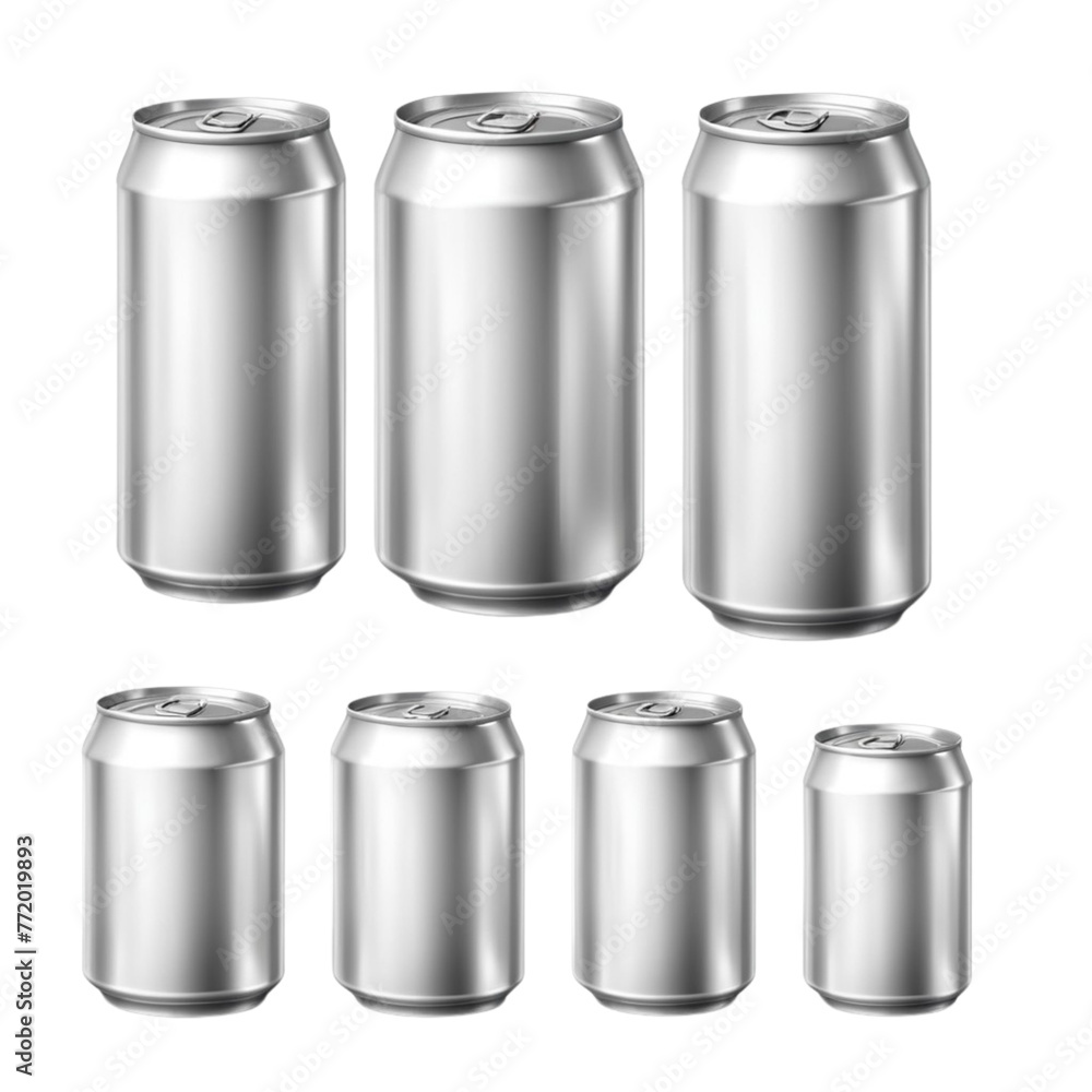 a silver metal tin cans and clear bottles on Isolated transparent background png. generated with AI a silver metal tin cans and clear bottles on Isolated transparent background png. generated with AI