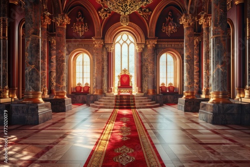 A grand throne room in a fantasy palace. A long red carpet runs down the center of the room  leading to an elaborate throne at the far end.