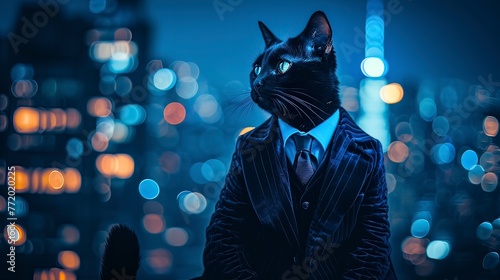 A sleek black cat wearing a tailored suit made of velvet and pinstripes. Generative ai.