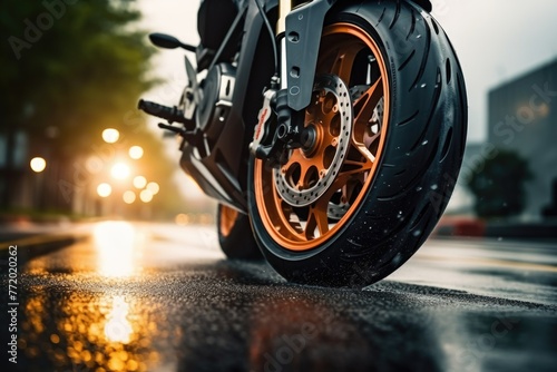 Close up shot of a tire of a motorcycle going on the road with a motion blur.