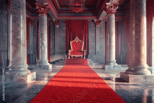 A grand throne room in a fantasy palace. A long red carpet runs down the center of the room, leading to an elaborate throne at the far end. photo