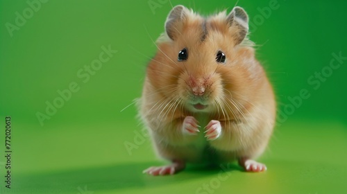 close-up of a hamster on a green background, gazing directly at the camera in a professional photo studio setting. Perfect for a pet shop banner or advertisement © growth.ai