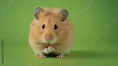 close-up of a hamster on a green background, gazing directly at the camera in a professional photo studio setting. Perfect for a pet shop banner or advertisement