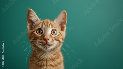 close-up of a young cat on a green background, gazing directly at the camera in a professional photo studio setting. Perfect for a pet shop banner or advertisement © growth.ai