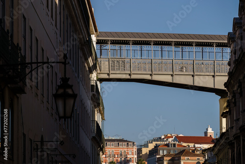 Walkway of the Santa Justa Lift above the rooftops in Lisbon