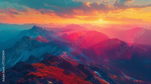 Mountain peak with distant sunrise view, metallic light, double exposure photography.