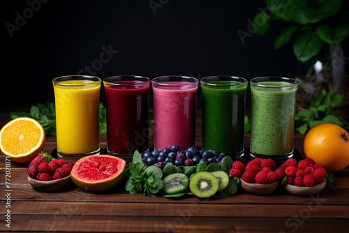 Glasses filled with colorful fruit smoothies stand in a row and fruits lie next to them