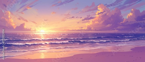 A digital painting of a sunset over the ocean. The sky is ablaze with color  with streaks of orange  pink  and purple.