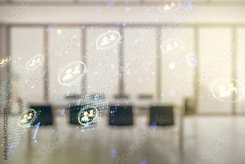 Double exposure of social network icons interface and world map on a modern boardroom background. Networking concept