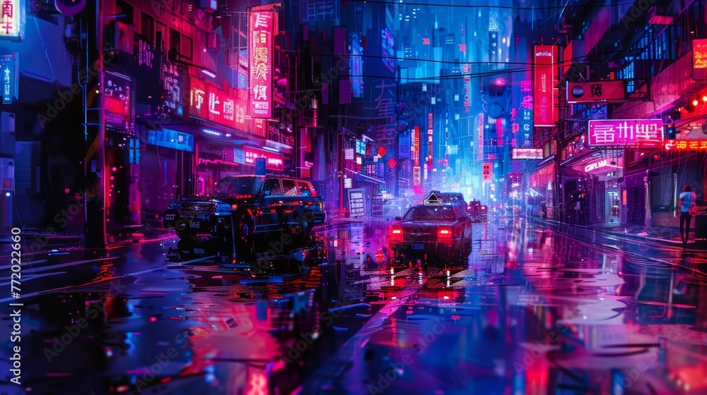 A cyberpunk cityscape where digital twins navigate neon-lit streets
