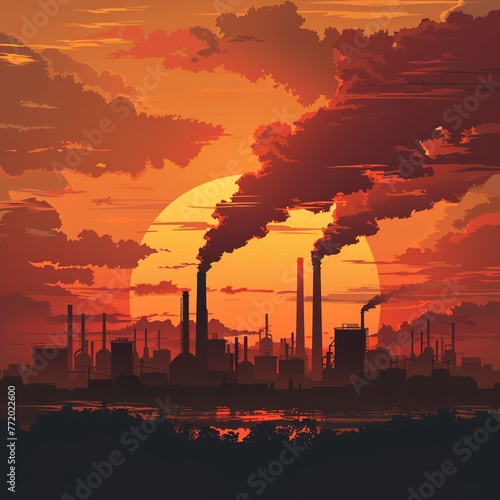 Sunset Over Industrial Landscape Golden hour at a bustling industrial park  smoke rising against a vibrant sunset  factories in silhouette Perfect for showcasing the energy of industry   illustration