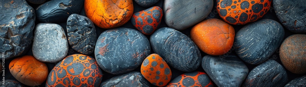 A pile of smooth, rounded pebbles with patterns in black and orange - obrazy, fototapety, plakaty 