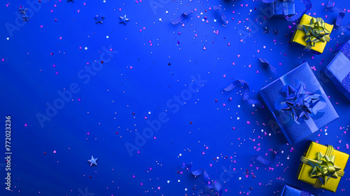 blauer Geburtstagsfeier Hintergrund mit Geschenken und Konfetti