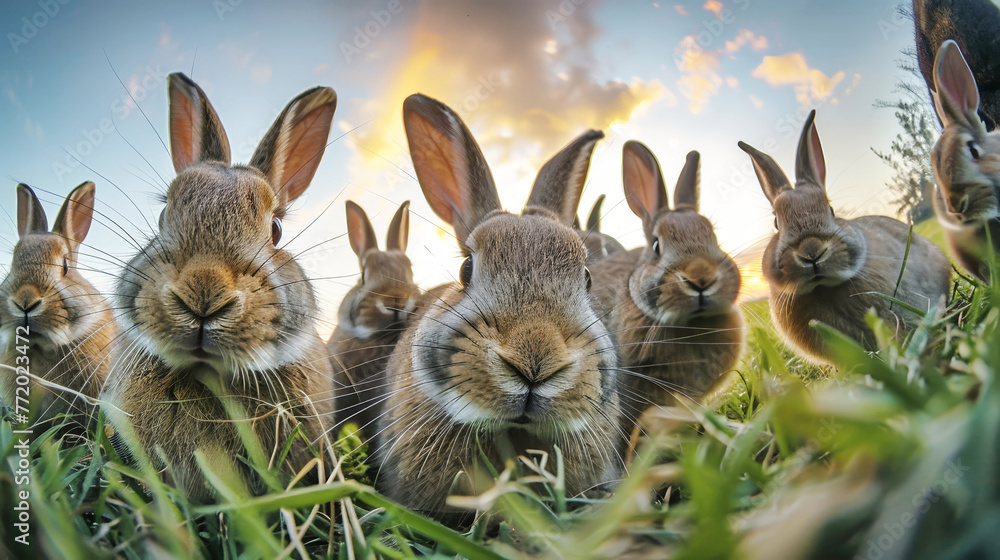 Obraz premium A group of three rabbits sitting on top of a grass-covered field