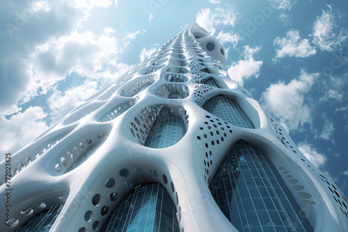 Create a conceptual image of a biomimetic skyscraper, incorporating organic patterns and textures inspired by nature to create a harmonious blend of art and architecture