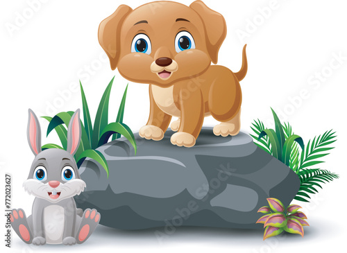 Cartoon baby dog and rabbit sitting on the stone