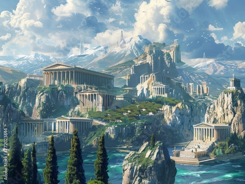 Ancient Greece reimagined in a world where gods and heroes navigate a landscape of digital marvels photo