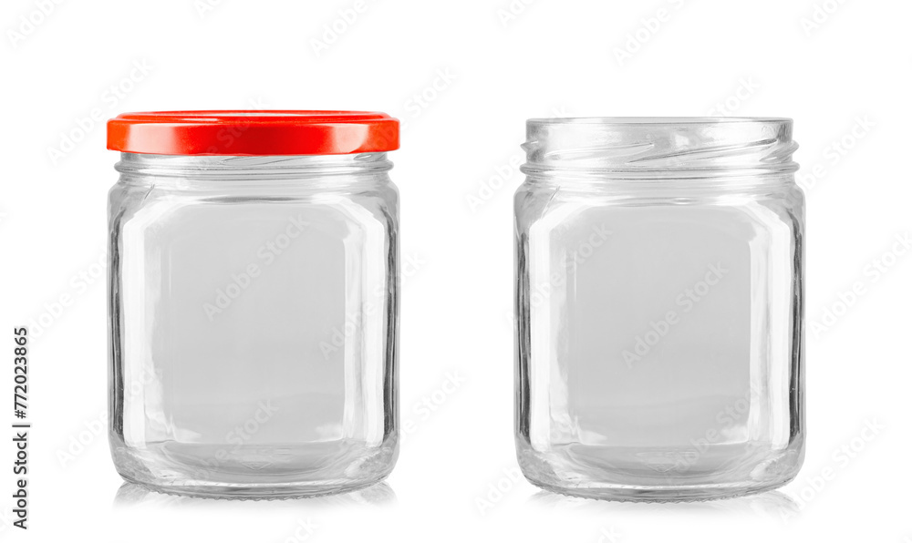 Two empty jars with red lid. Conservation utensils. Isolated on a white background. Two empty jars with red lid. Conservation utensils. Isolated on a white background.