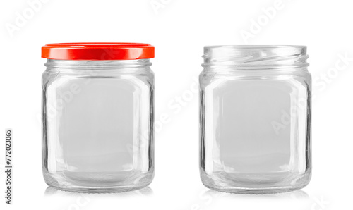 Two empty jars with red lid. Conservation utensils. Isolated on a white background.