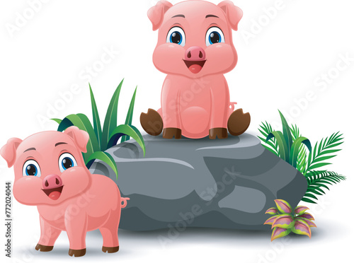 Cartoon two baby pig sitting on the stone