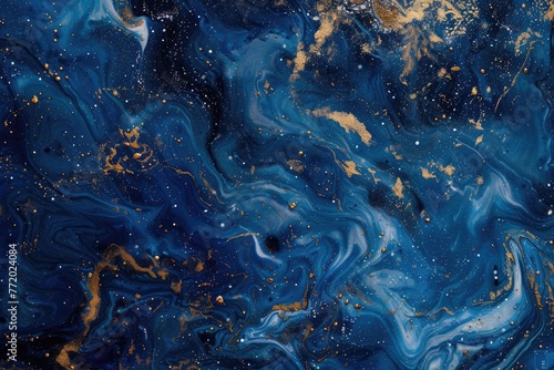 Bold cosmos-inspired designs sprawl across a backdrop of celestial blue, creating a striking display of abstract culinary artistry.