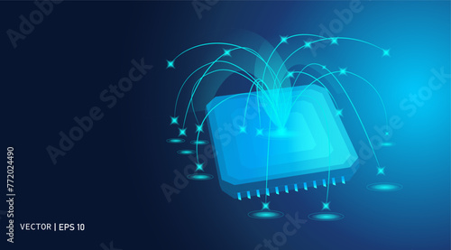 Vector illustration. A microcomputer throws a data connection, big data, distribution with an even distribution. Abstract modern background