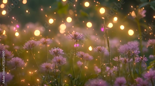 The secret garden with magical flowers and fairy lights fireflies