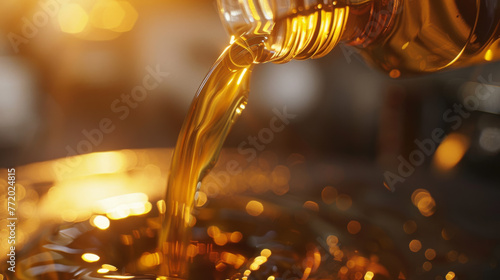 Golden oil flows from a bottle with a blurred background creating a bokeh effect. © VLA Studio
