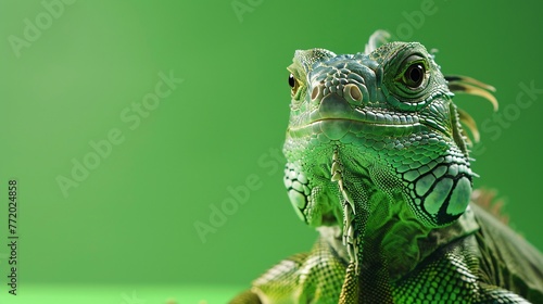 close-up of a young iguana on a green background  gazing directly at the camera in a professional photo studio setting. Perfect for a pet shop banner or advertisement