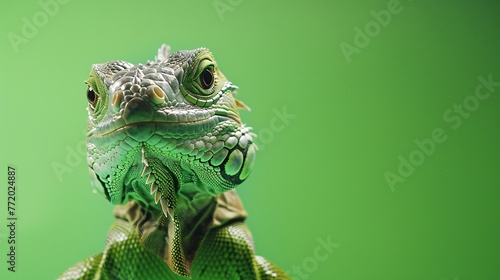 close-up of a young iguana on a green background  gazing directly at the camera in a professional photo studio setting. Perfect for a pet shop banner or advertisement