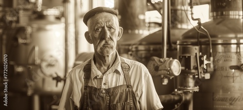 Vintage portrait of a seasoned worker in sepia tones. The image shows a man with a stern expression, wearing a cap and overalls, standing in an industrial setting with machinery in the background. photo