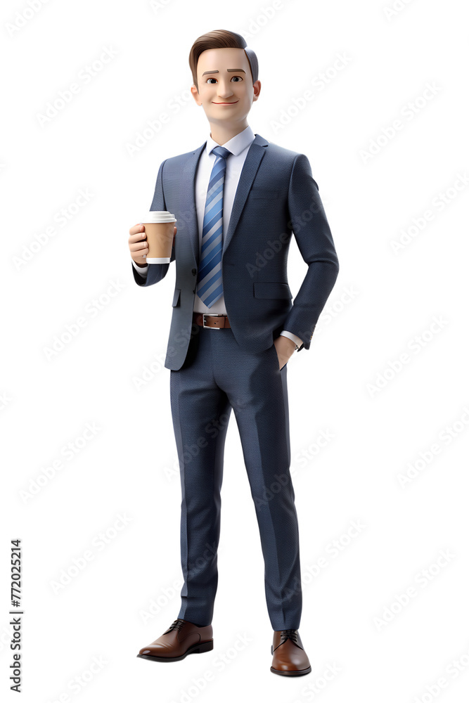 3d style illustration of full body Front view of a young businessman holding a coffee cup, isolated on transparent background 3d style illustration of full body Front view of a young businessman holding a coffee cup, isolated on transparent background