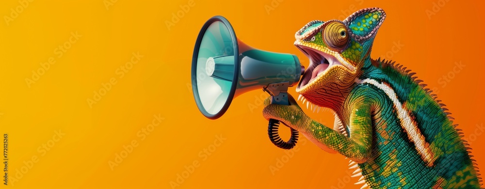 © Maxim - Creative announcement concept. A vibrant chameleon appears to be shouting into a megaphone against a solid orange background, showcasing a playful mix of wildlife © Maxim - Creative announcement concept. A vibrant chameleon appears to be shouting into a megaphone against a solid orange background, showcasing a playful mix of wildlife