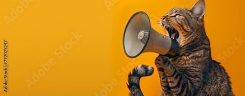 Humorous concept of expression. A cat with its mouth open as if yelling into a megaphone against a solid bright yellow background, merging feline characteristics