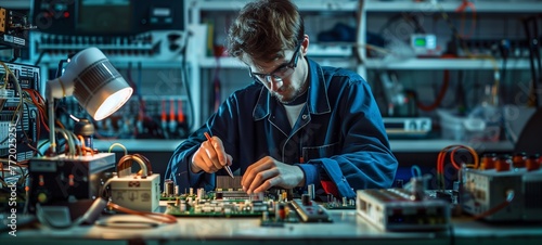 Electronics engineering concept. A focused individual with protective glasses working on testing and soldering circuit boards in a high-tech electronics lab environment. © Maxim