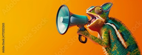 Creative announcement concept. A vibrant chameleon appears to be shouting into a megaphone against a solid orange background, showcasing a playful mix of wildlife photo