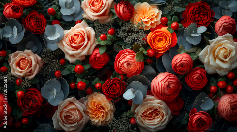 Floral background with red and orange roses, close-up. Floral background with red and orange roses, close-up.