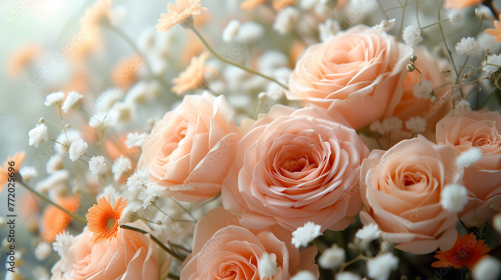 Bouquet of roses and gypsophila flowers, close up Bouquet of roses and gypsophila flowers, close up