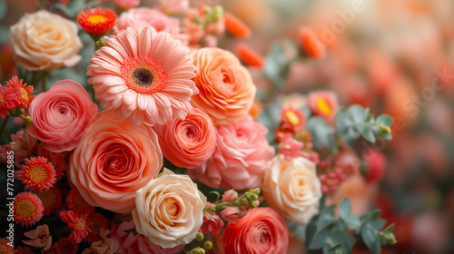 Bouquet of beautiful flowers in a flower shop. Floral background.