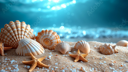 Seashells and starfish on the beach sand.  © Виктория Дутко