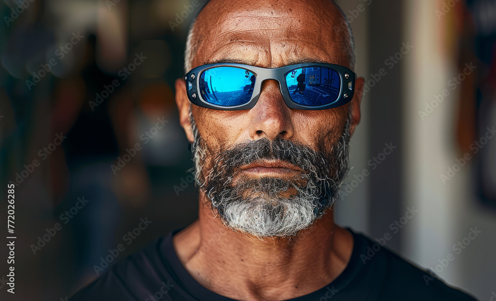 A man with a beard and glasses is wearing sunglasses. The man's face is serious and he looks like he is in a hurry. handsome 50 year old man with shaved skull, wearing sunglasses and a black teeshirt.