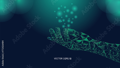 Hands open up on a green background for big data, AI, futuristic technology, data transfer concepts. 