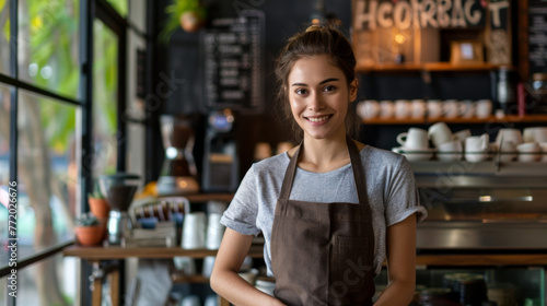 A smiling barista stands in a coffee shop.