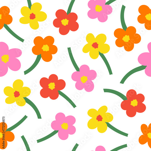 Abstract floral seamless pattern. Organic nature botanical print. Basic colorful naive shapes on a white background. Vector illustration