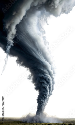 Dynamic tornado touching down on landscape, isolated on a transparent background. Powerful natural phenomenon concept with detailed swirling clouds and debris at the base. photo