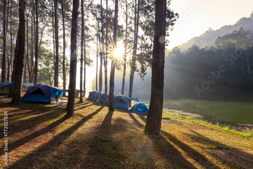 Group of tent for overnight camping with sunrise over misty mountain and ray of light and campsite of Pang Oung, Mae Hong Son, Thailand