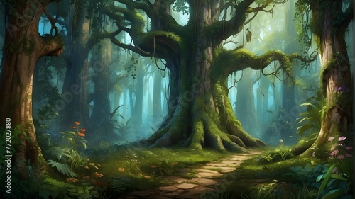 A beautiful fairytale enchanted forest with big trees and great vegetation. Digital painting background © Malik