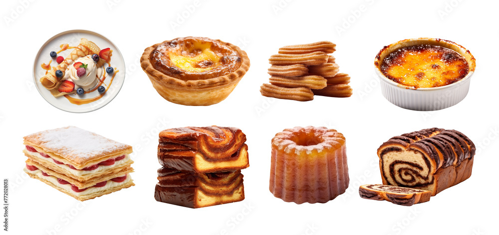 Set of famous dessert such as Creme Brulee,Mille- Feuille,Crepes,Canele,Chocolate Babka Bread,churros and Portuguese egg tart isolated on transparent background. Set of famous dessert such as Creme Brulee,Mille- Feuille,Crepes,Canele,Chocolate Babka Bread,churros and Portuguese egg tart isolated on transparent background.
