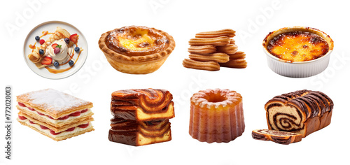 Set of famous dessert such as Creme Brulee,Mille- Feuille,Crepes,Canele,Chocolate Babka Bread,churros and Portuguese egg tart isolated on transparent background.