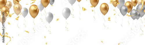 Celebration banner with gold and silver balloons and confetti. Vector illustration.